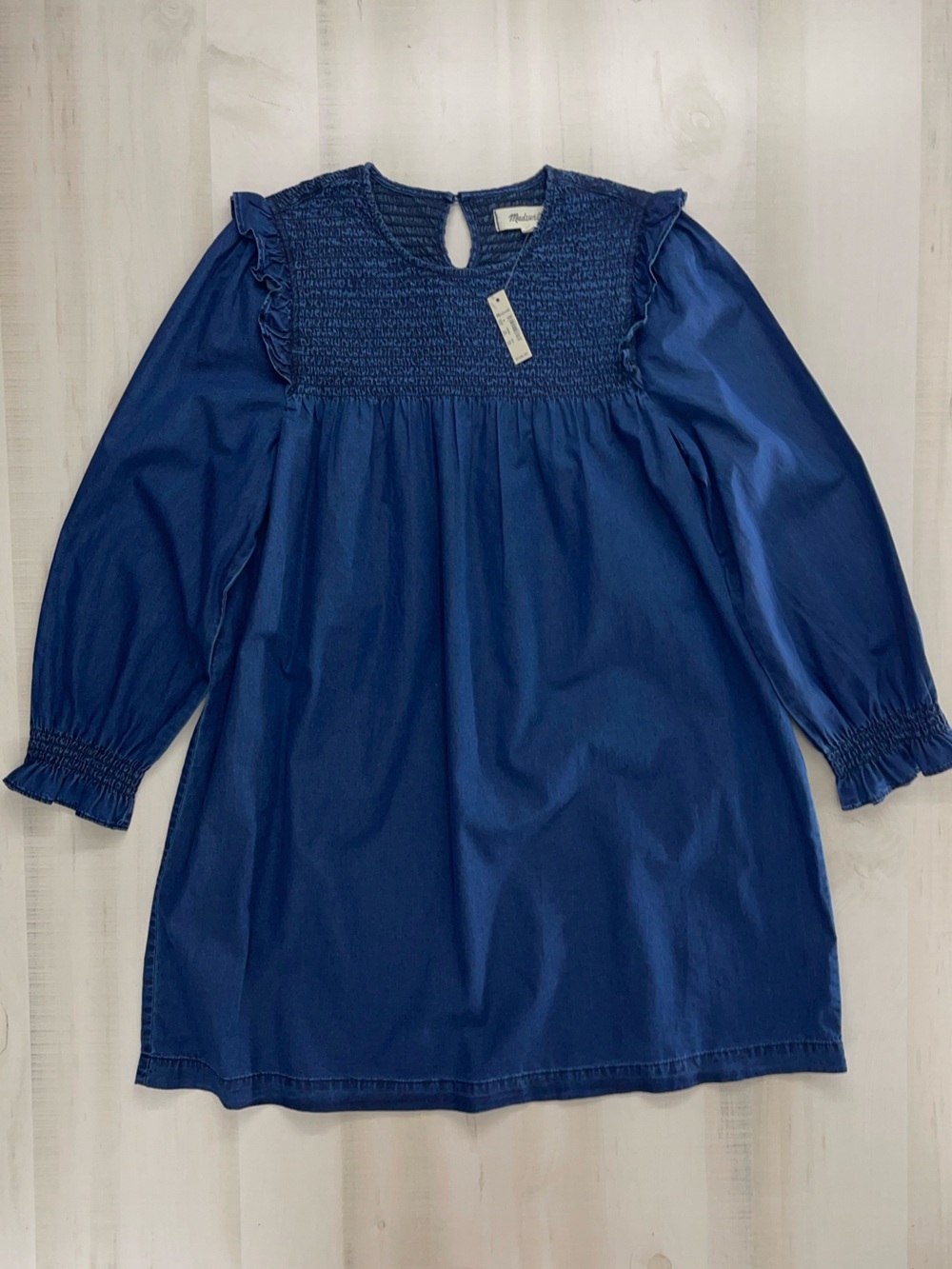 nwt MADEWELL denim smocked long sleeve dress blue XL